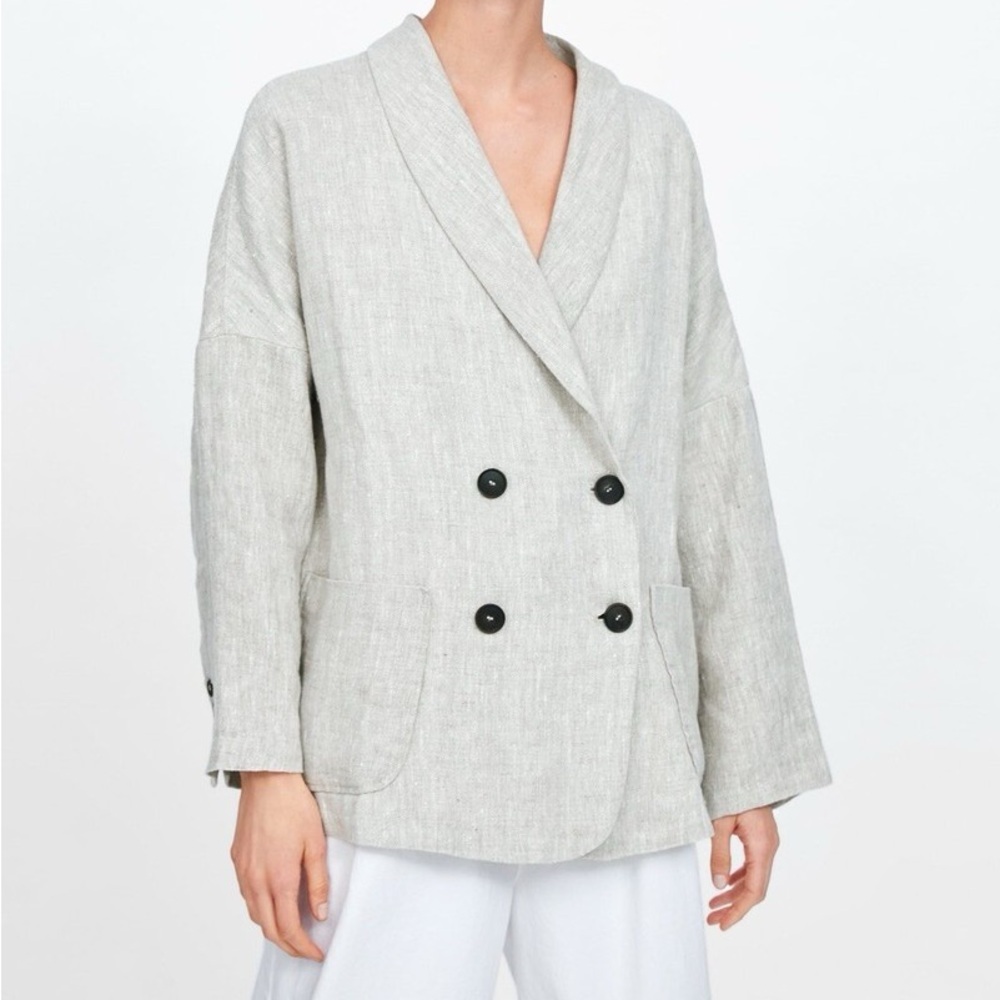 Zara Buttoned Linen Double Breasted Blazer Size Medium - Picture 2 of 13